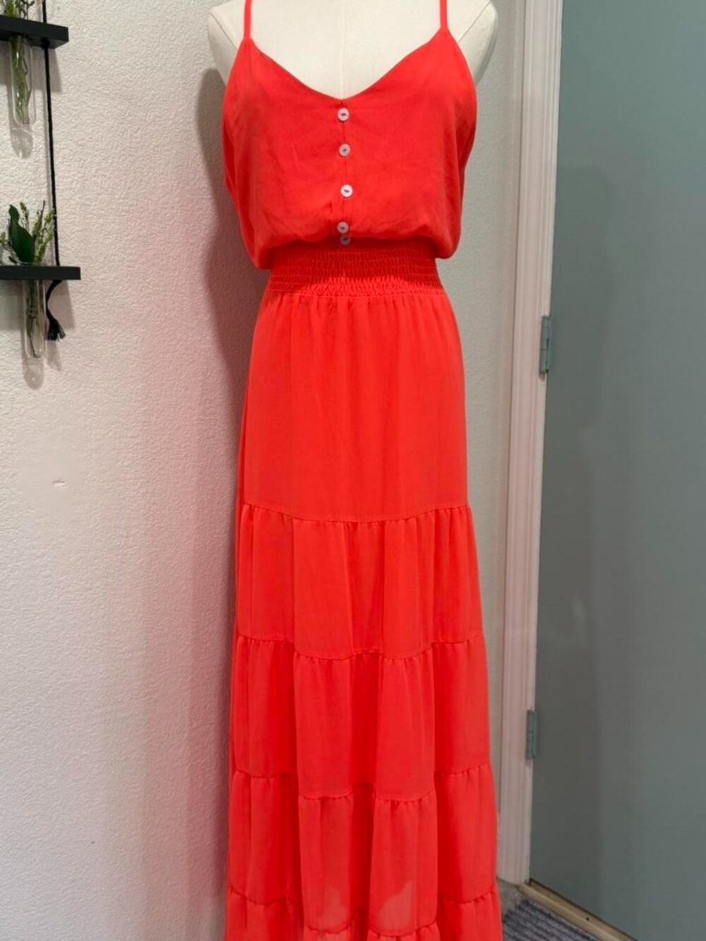 Pretty Garden Red Orange Maxi Dress with Front Buttons